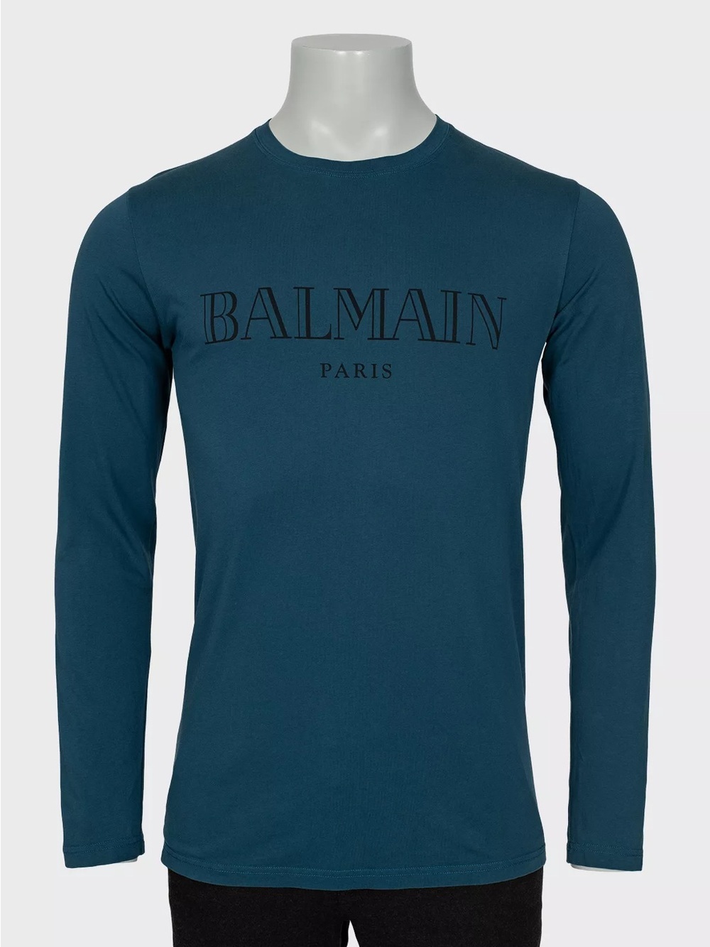 Balmain Teal Crewneck Long-Sleeve Logo Tee Large